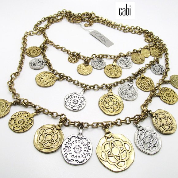 Vintage CAbi Coin Necklace Gold Silver Triple Strand Layered Statement Bib NWT - Picture 1 of 4